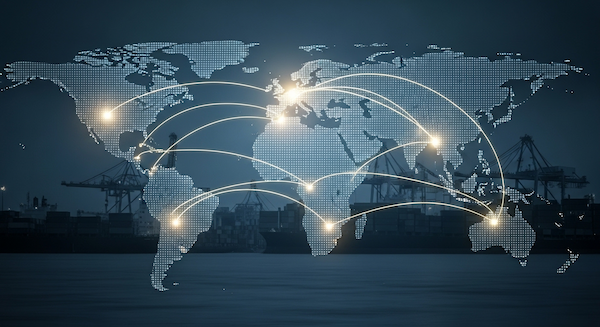 digital world map overlay showing glowing logistics routes connecting Africa, Europe, Asia, and the Americas