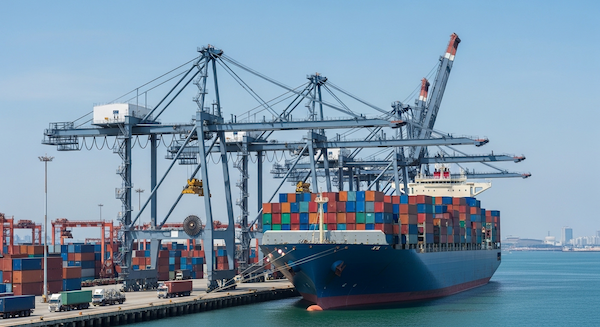 massive cargo ship loaded with shipping containers docked at a modern seaport.